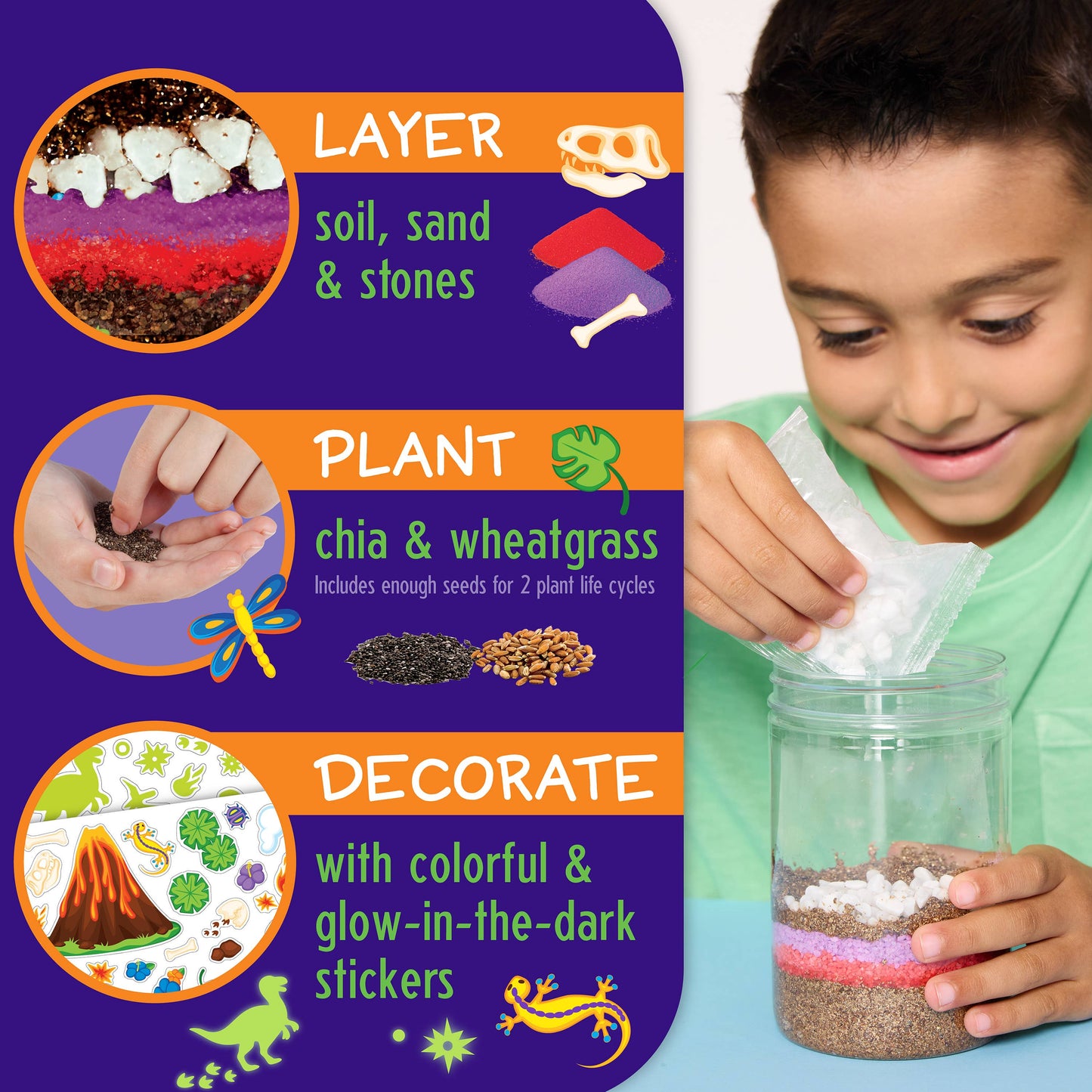 Children's activity set with soil, sand, stones, chia, wheatgrass, and stickers on a purple background.