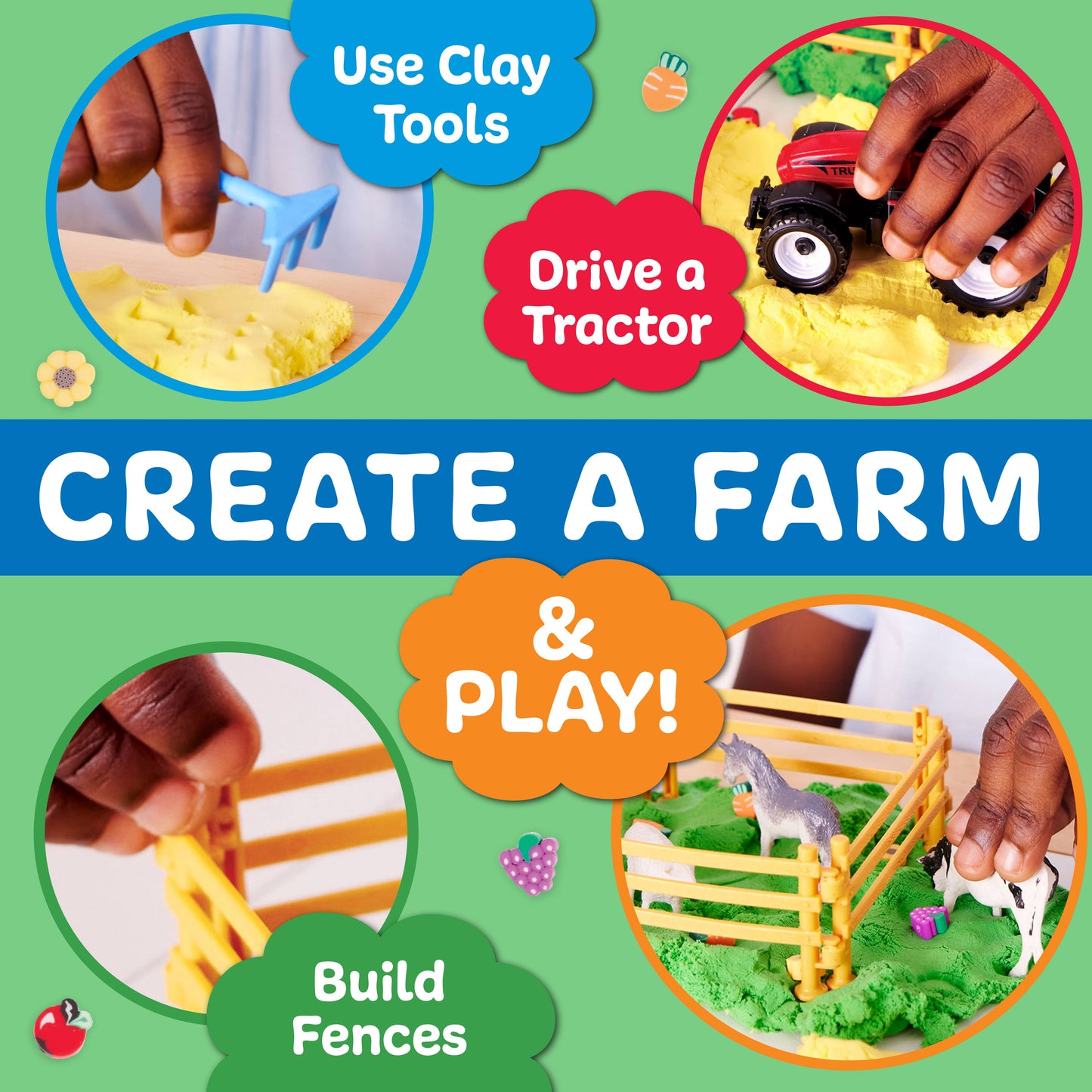 Children's playset with clay tools and farm elements on a green background