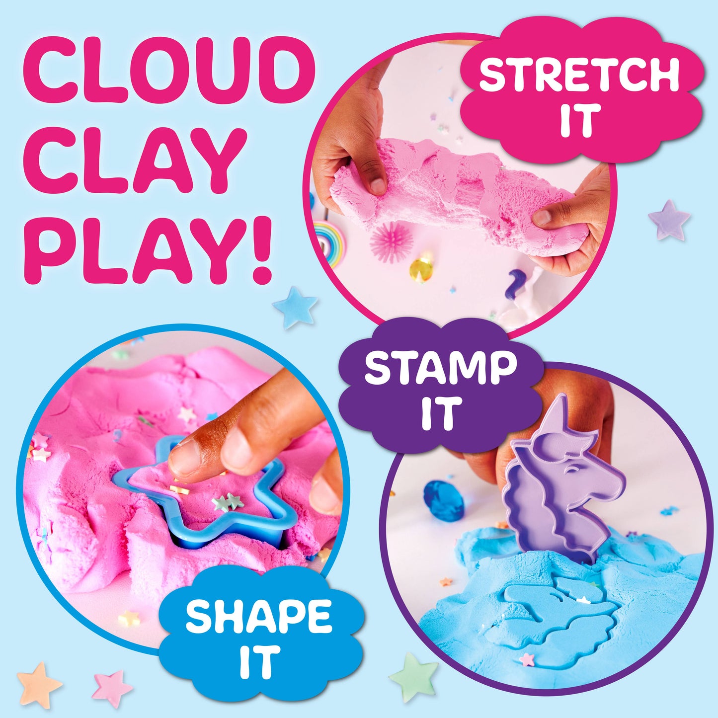 Cloud clay play set with text indicating actions like stretch, stamp, and shape on a blue background.