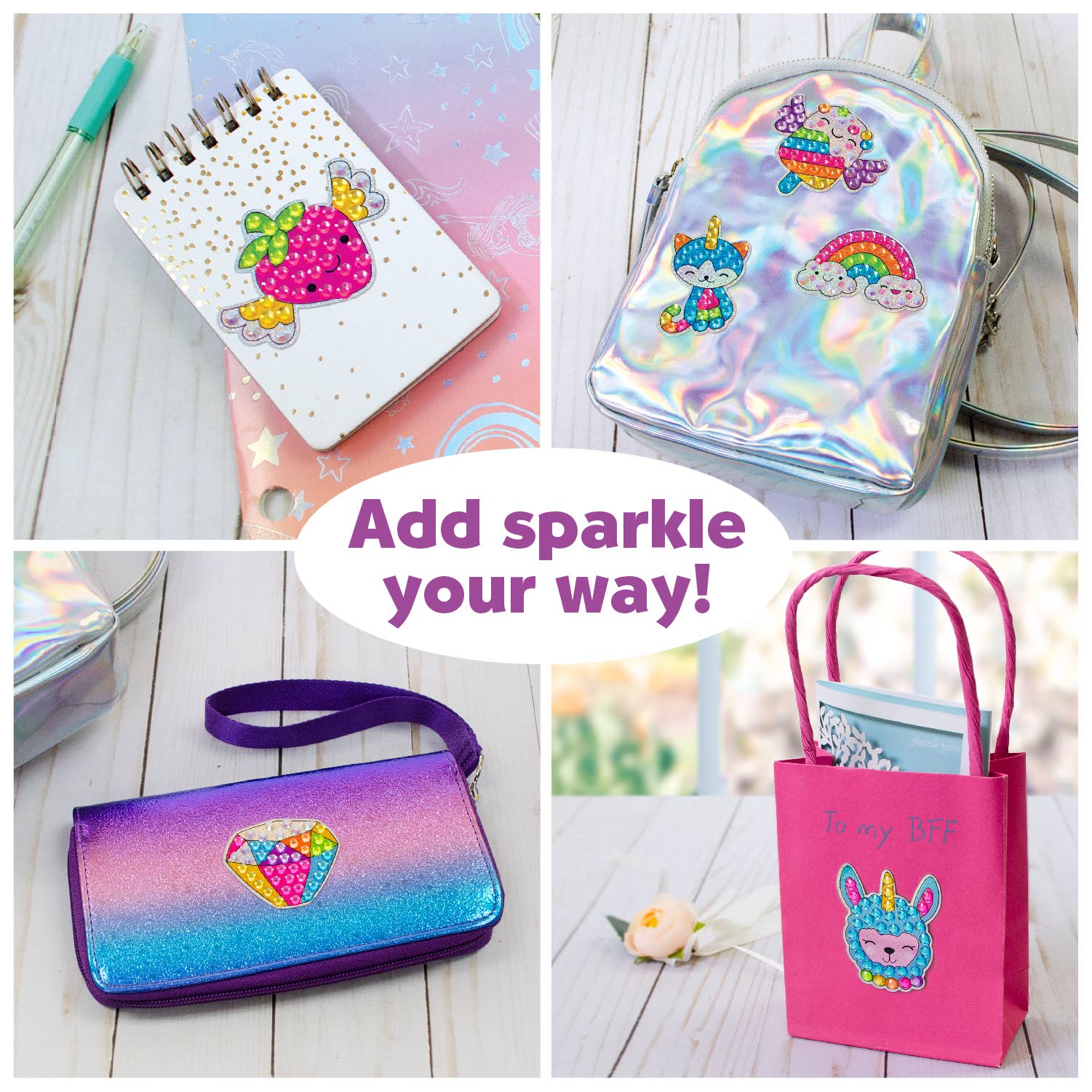 Collage of colorful accessories with text 'Add sparkle your way!' on a wooden surface.