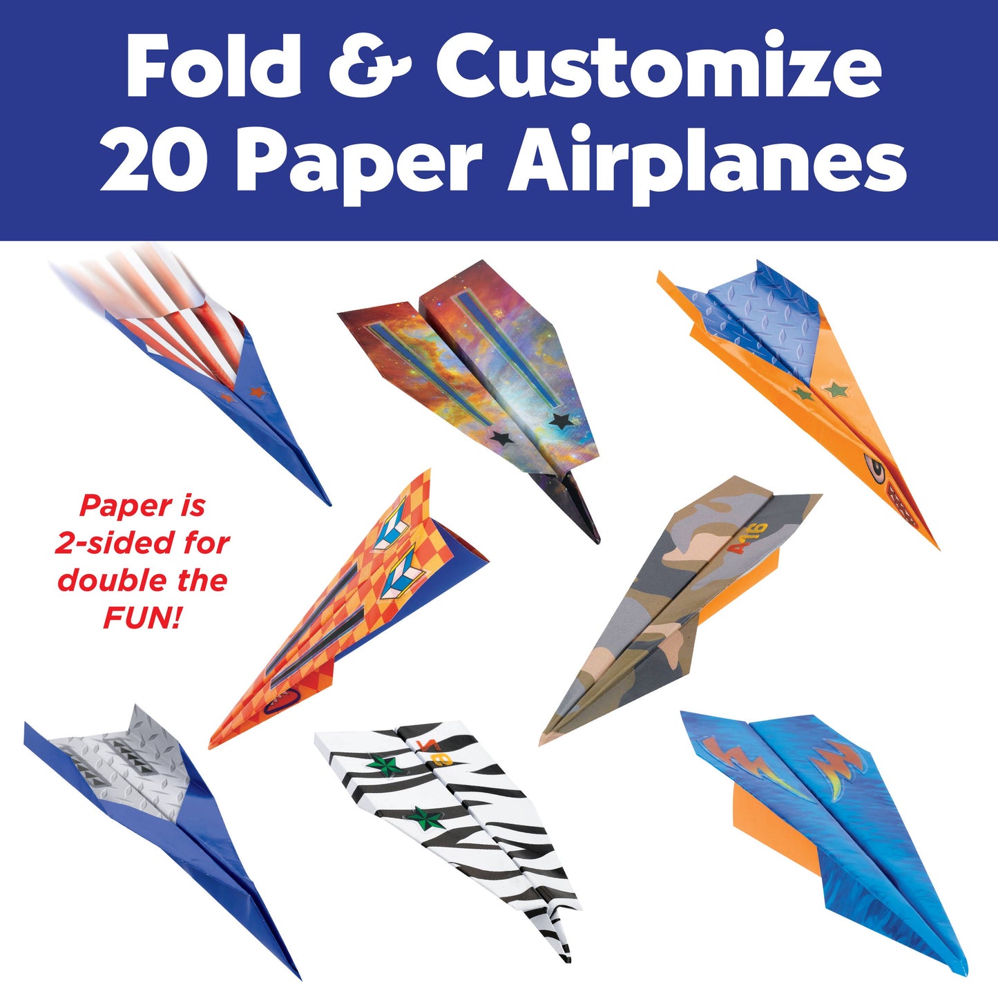 Colorful paper airplanes with text 'Fold & Customize 20 Paper Airplanes' on a blue background.