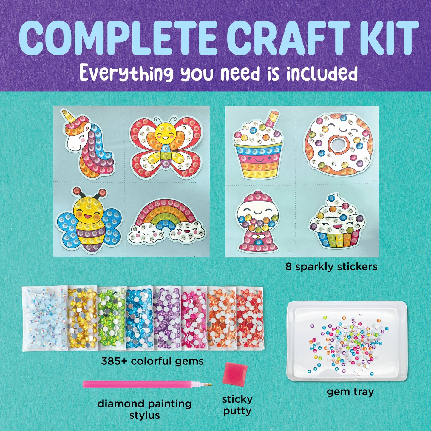 Complete craft kit with colorful stickers, gems, and tools on a teal background