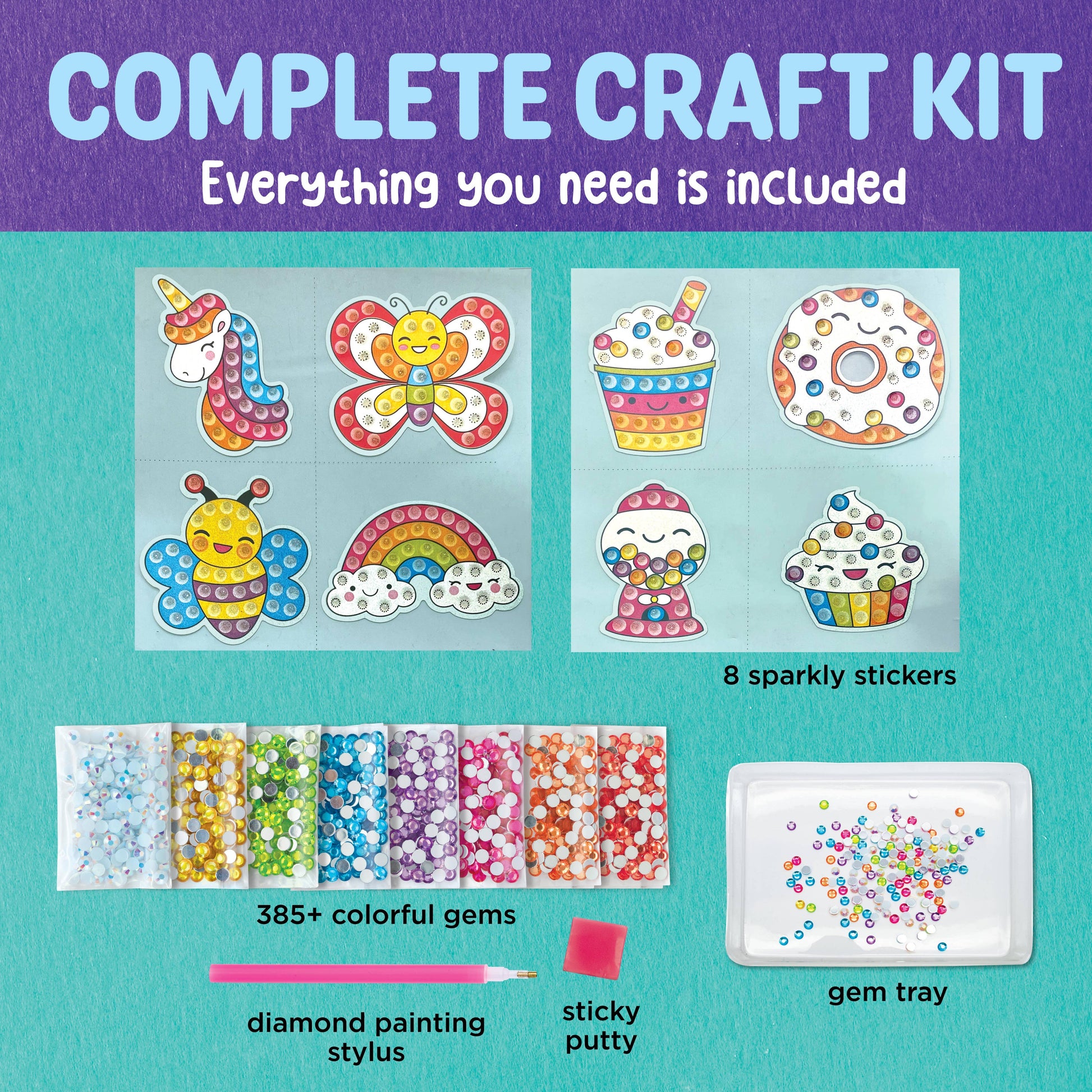 Complete craft kit with colorful stickers, gems, and tools on a teal background
