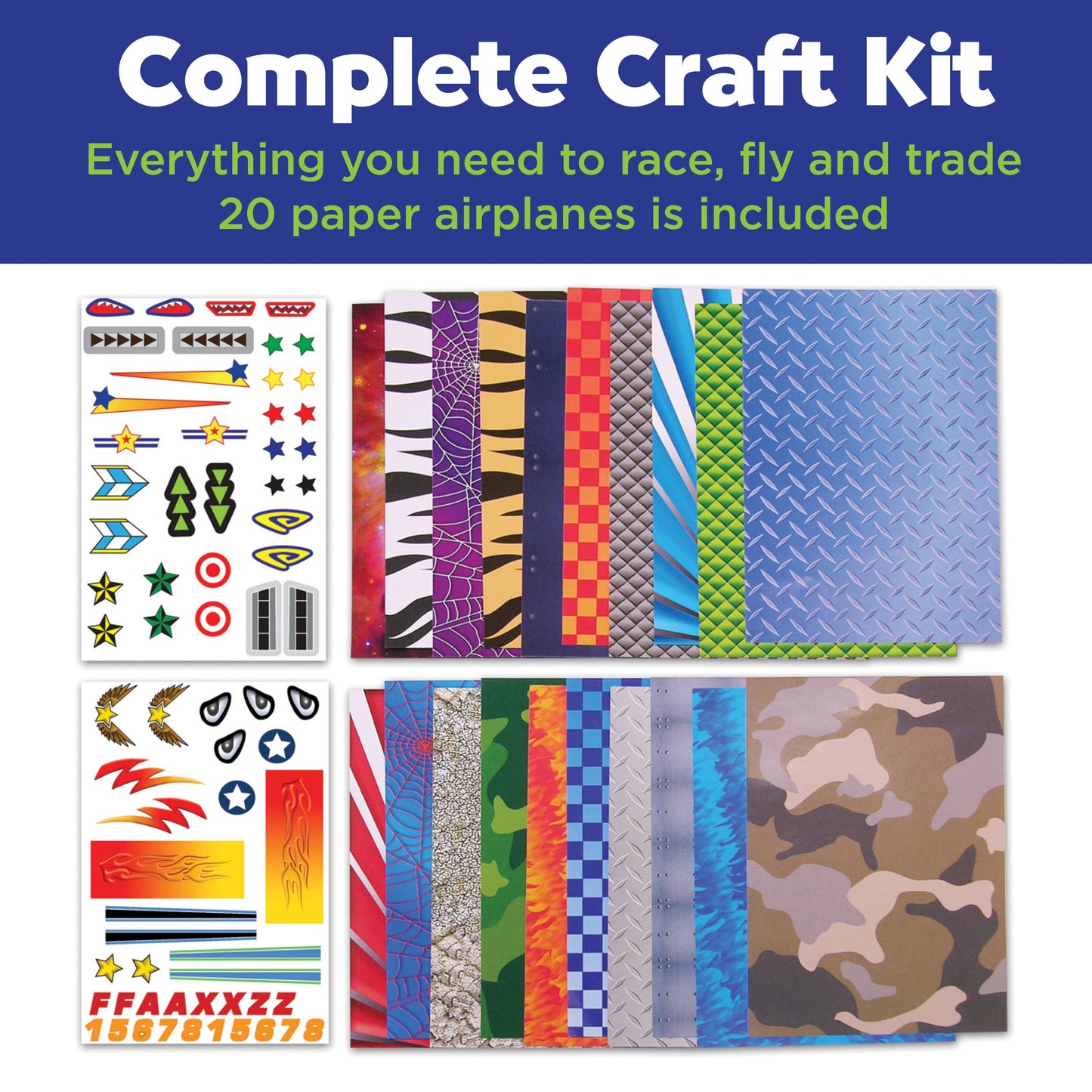 Complete craft kit with paper airplanes and decorative sheets on a blue background