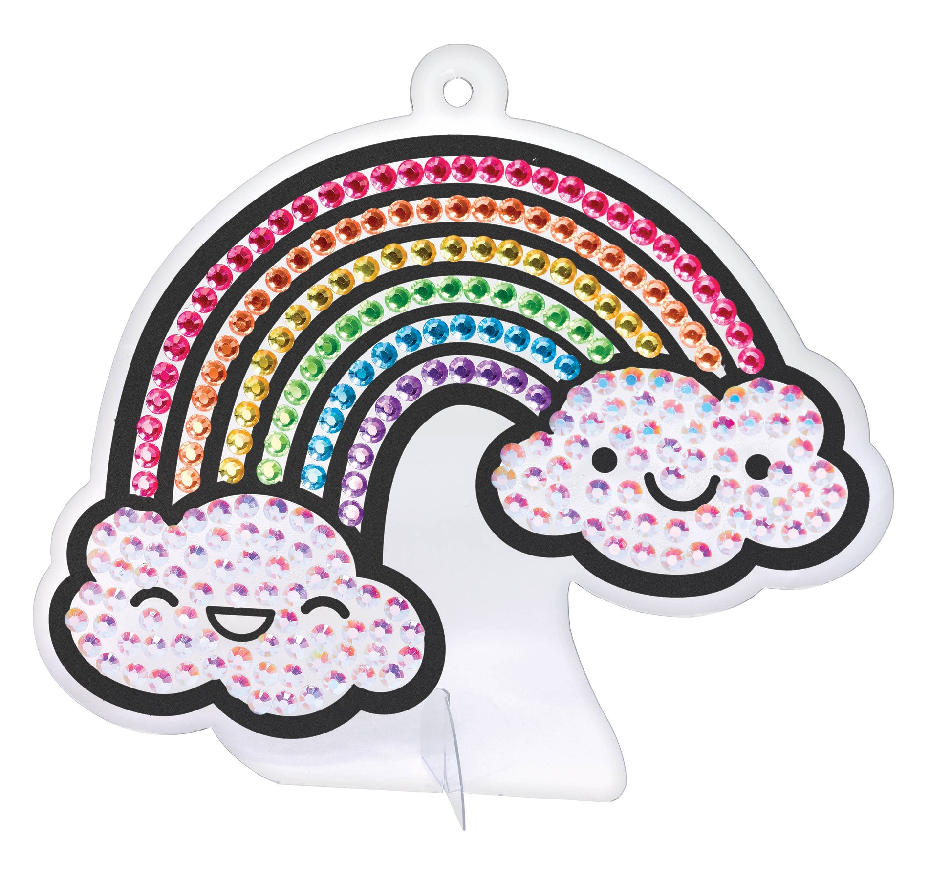 Decorative rainbow and cloud design with colorful beads on a white background