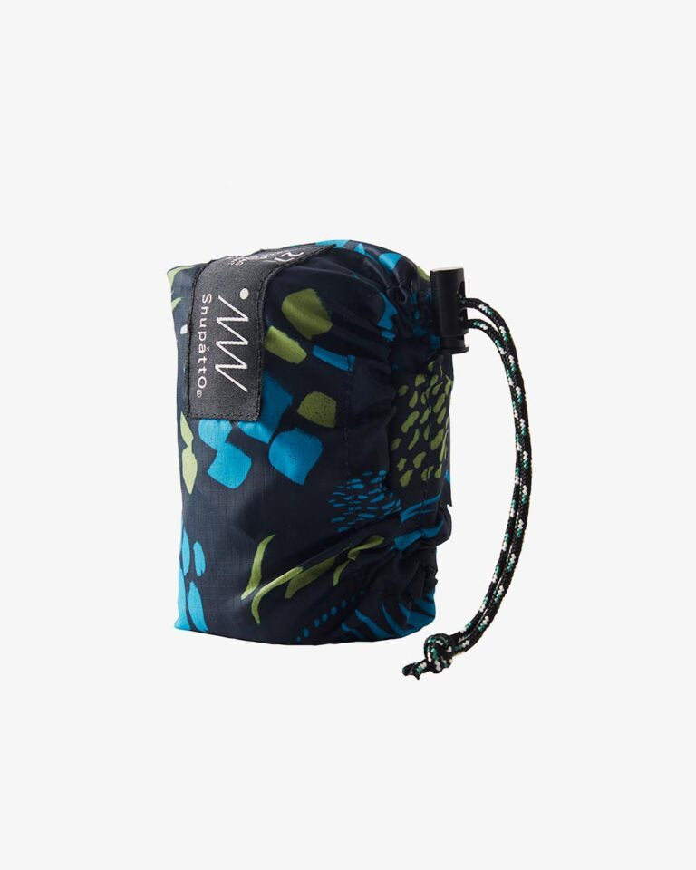 Drawstring bag with blue and green pattern on a white background

