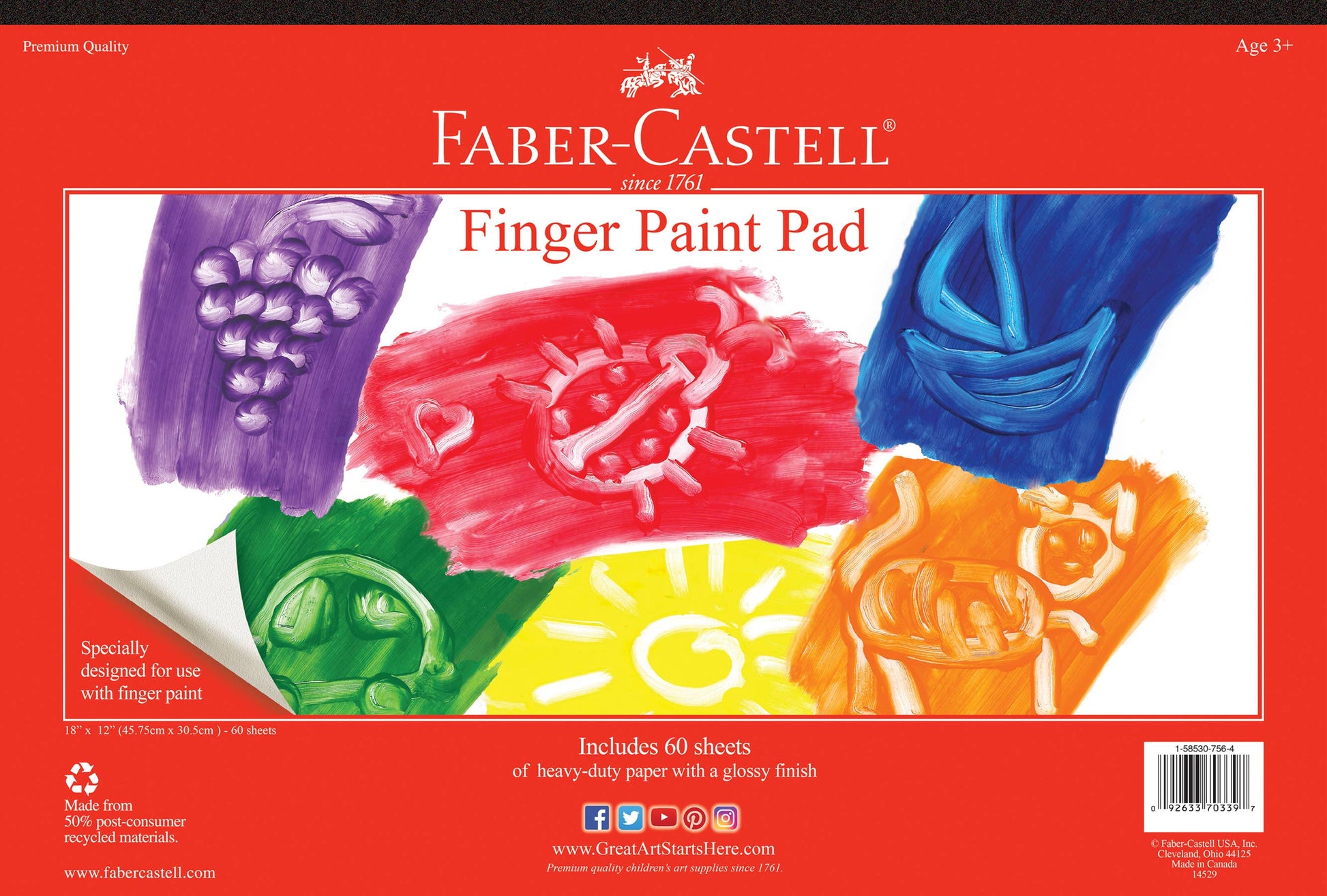 Faber-Castell Finger Paint Pad packaging with colorful finger paint designs on a red background.