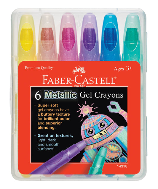 Faber-Castell metallic gel crayons set with colorful caps and red label.
