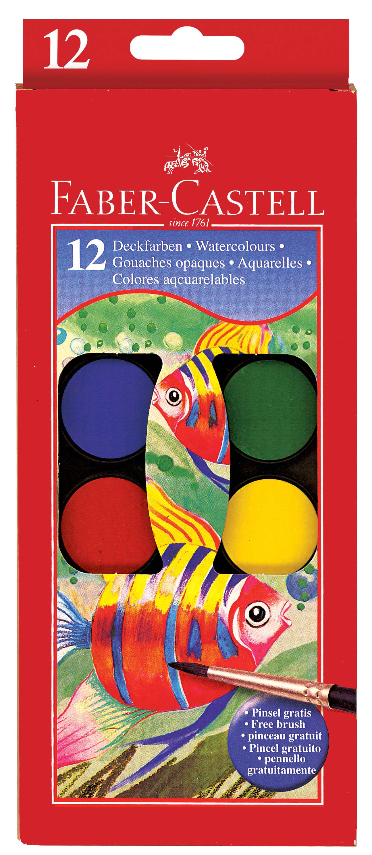 Faber-Castell watercolor set packaging with colorful fish illustration on a red background