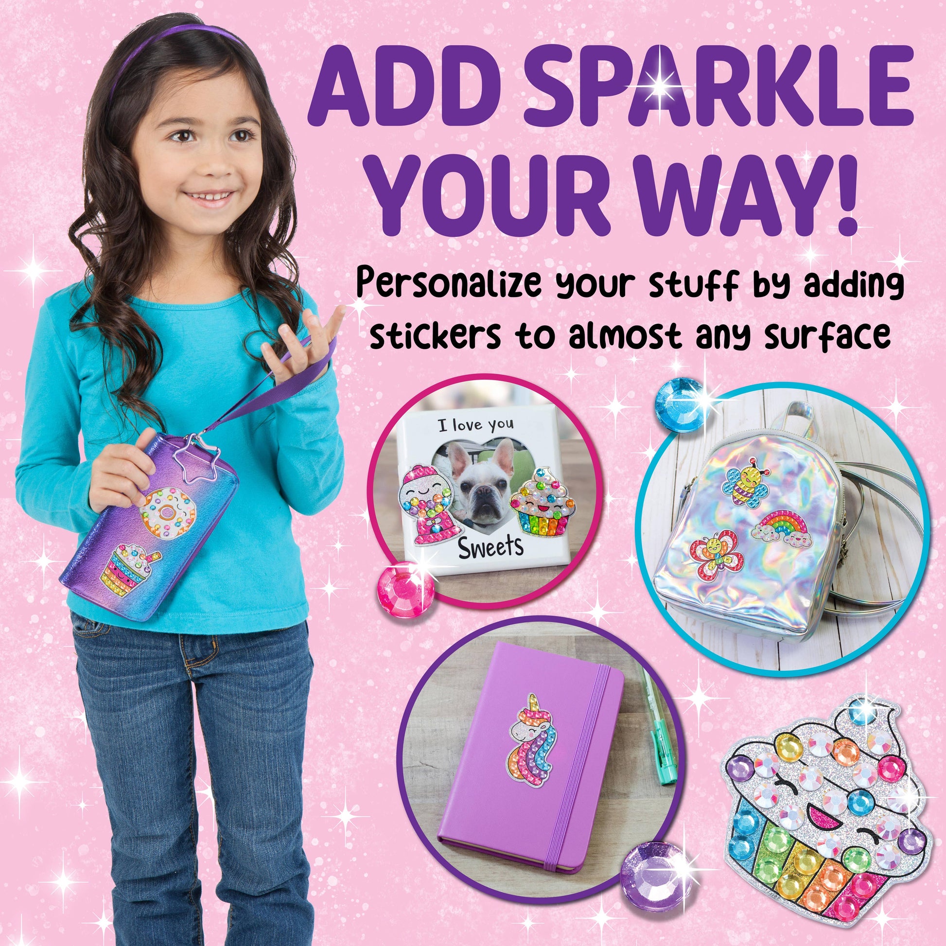 Girl holding a purple pouch with decorative stickers, surrounded by images of personalized items on a pink background.