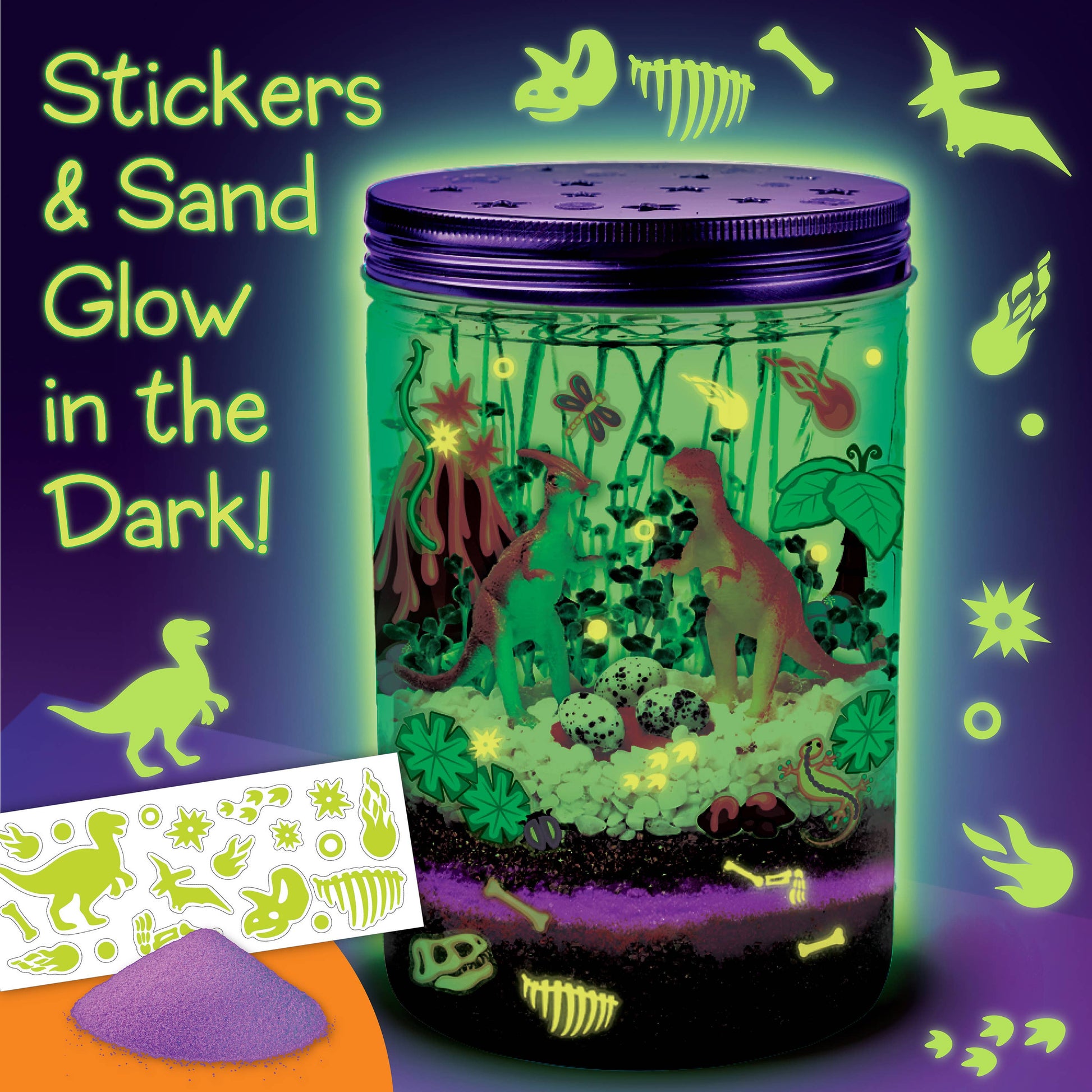 Glow-in-the-dark sand and stickers set with a jar filled with sand and dinosaur figures on a dark background.