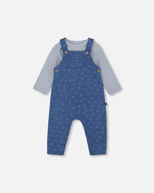 Deux par Deux - Organic Cotton Onesie And Overalls Set Blue Leaf Print