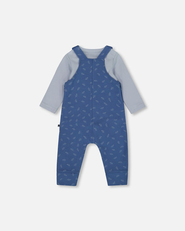 Deux par Deux - Organic Cotton Onesie And Overalls Set Blue Leaf Print