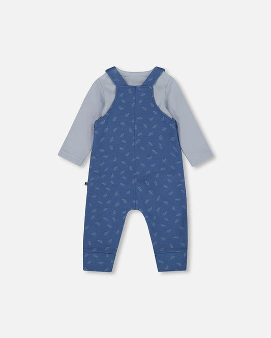 Deux par Deux - Organic Cotton Onesie And Overalls Set Blue Leaf Print