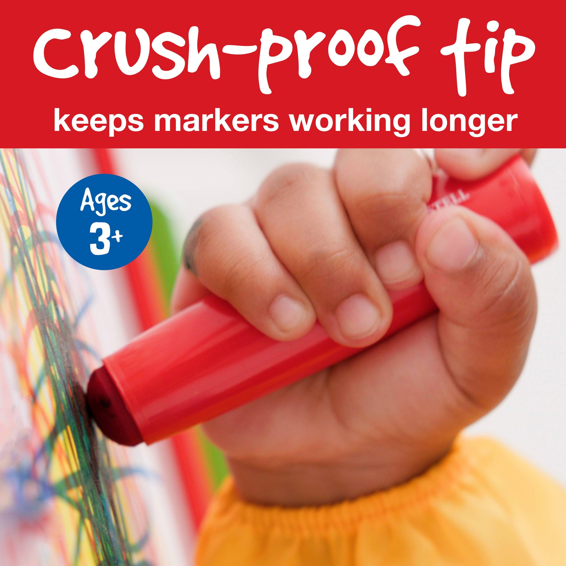 Hand holding a red marker with text about 'crush-proof tip' and 'Ages 3+'.