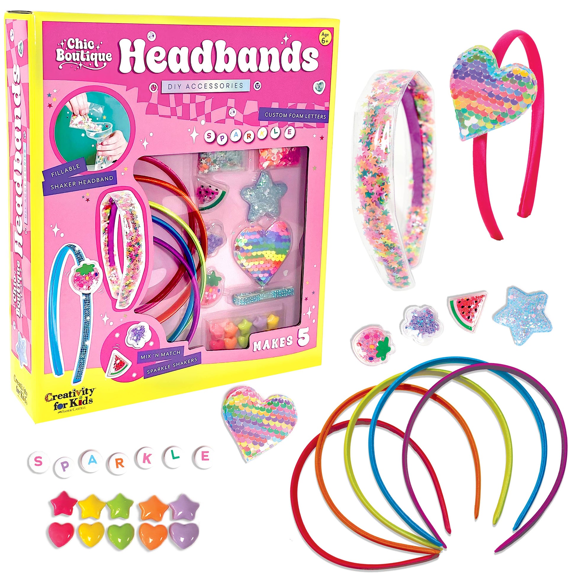 Headbands set with packaging, colorful headbands, and decorative items on a white background