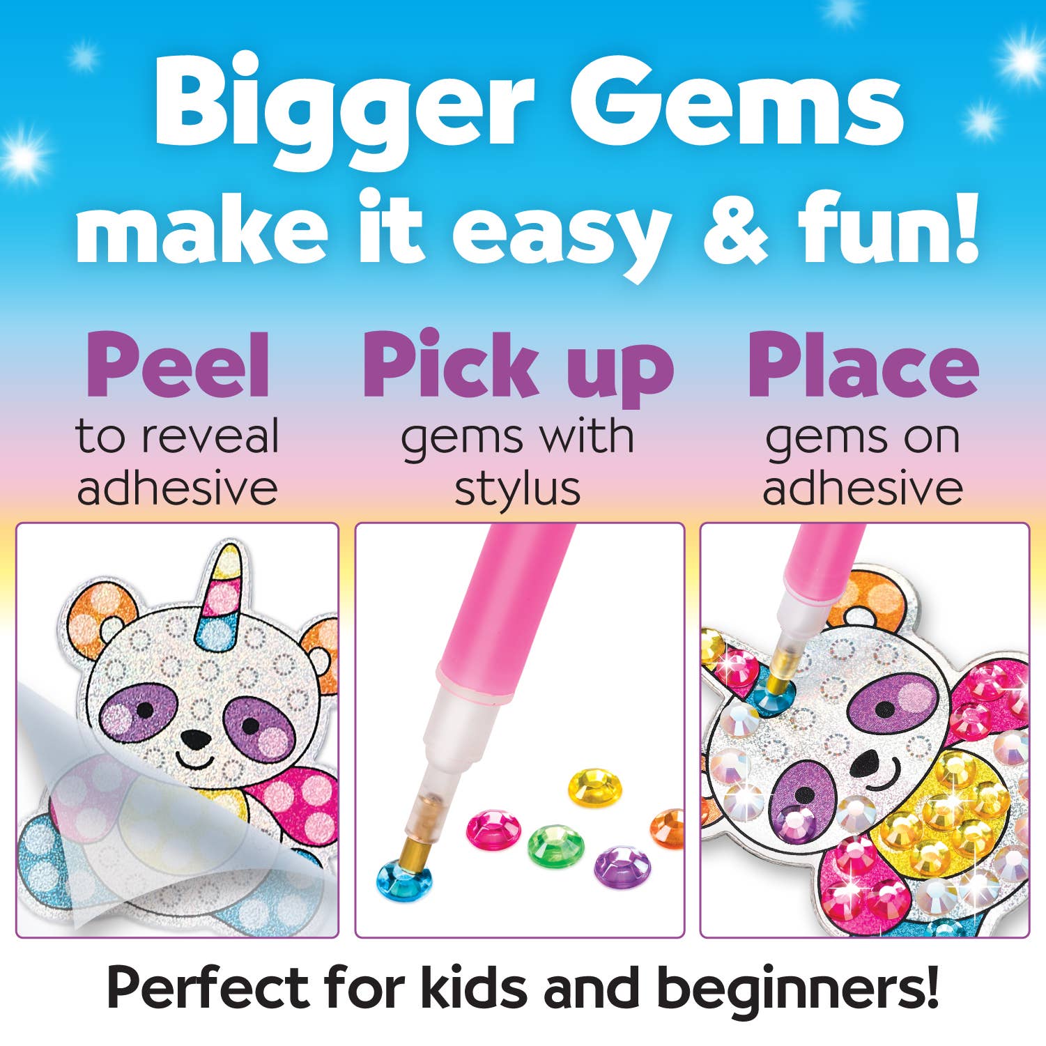Instructions for using bigger gems with a stylus on a colorful background