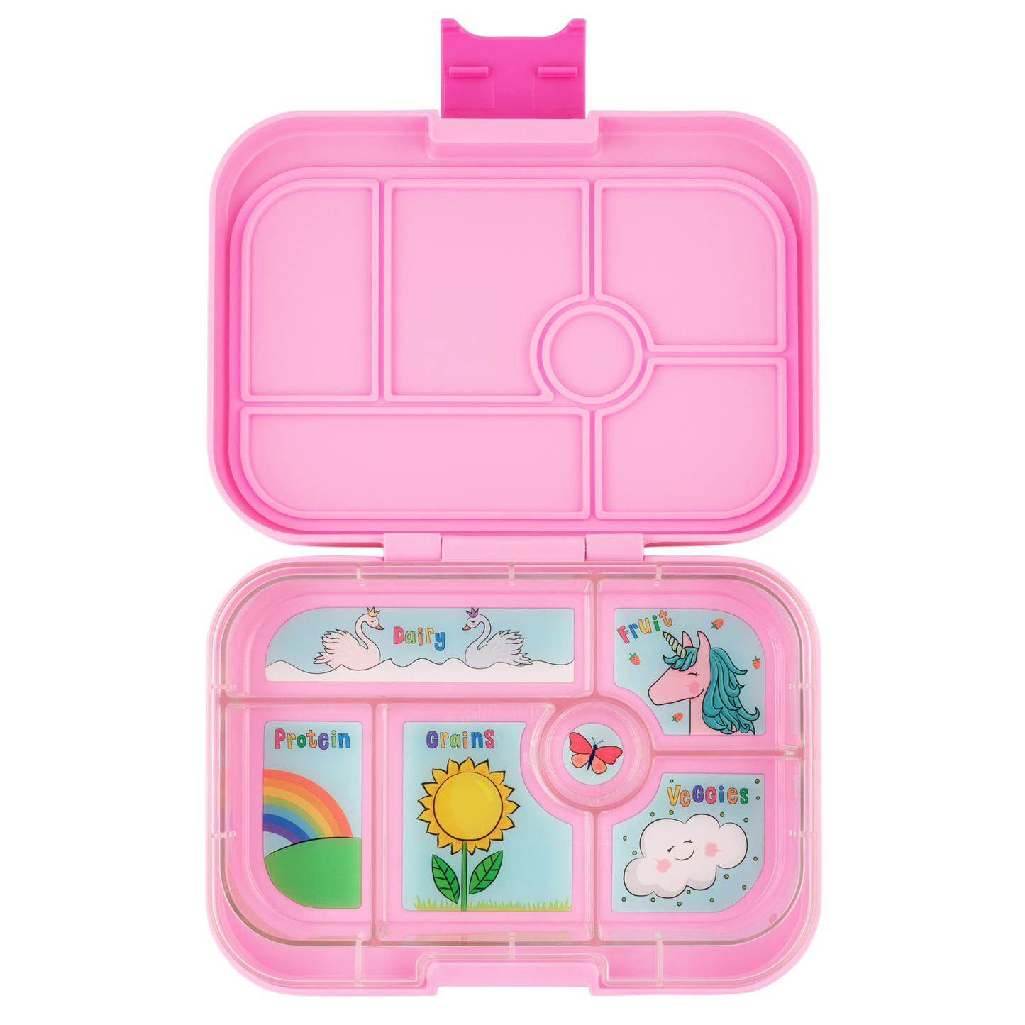 Open pink Yumbox with printed design inside, on a white background
