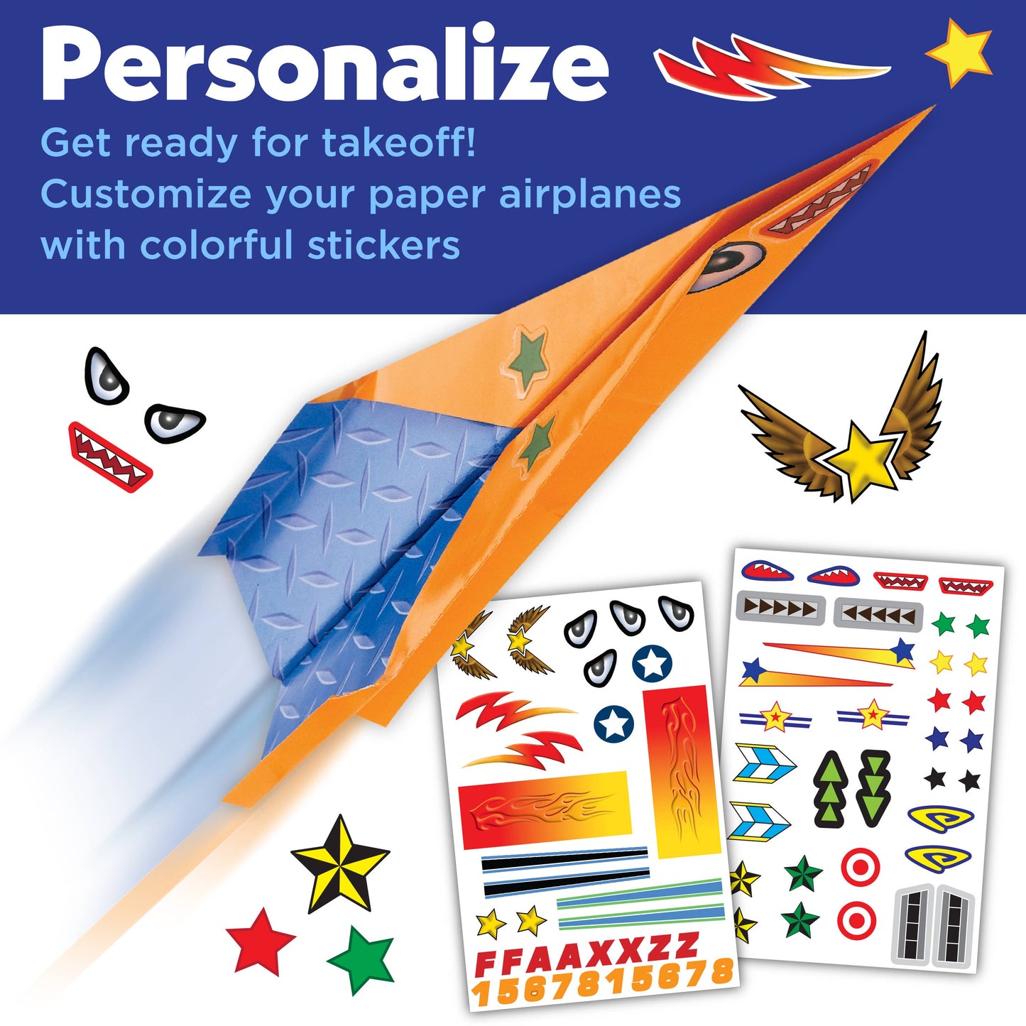 Paper airplane with colorful stickers on a blue background