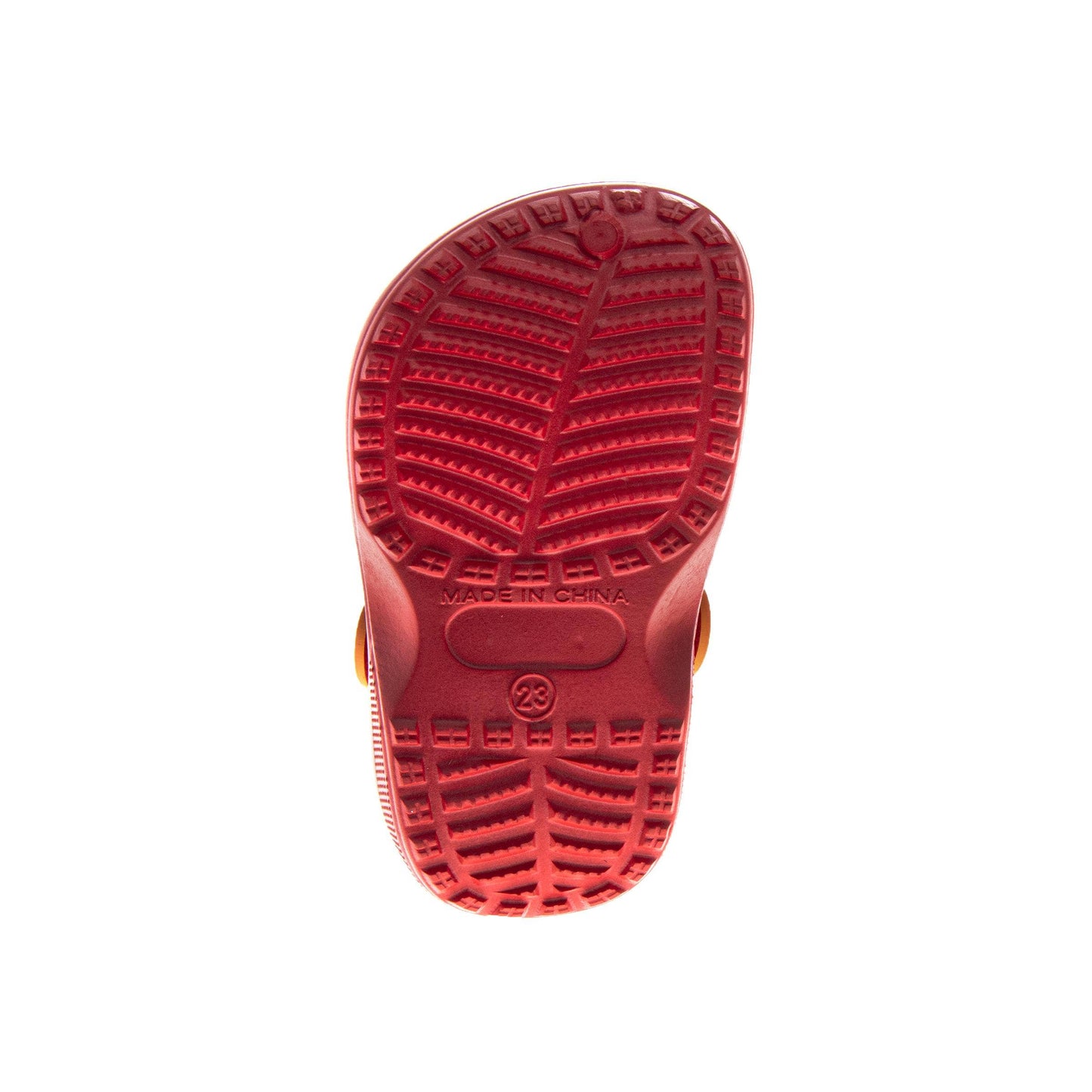 Red sole of a shoe with tread pattern on a white background