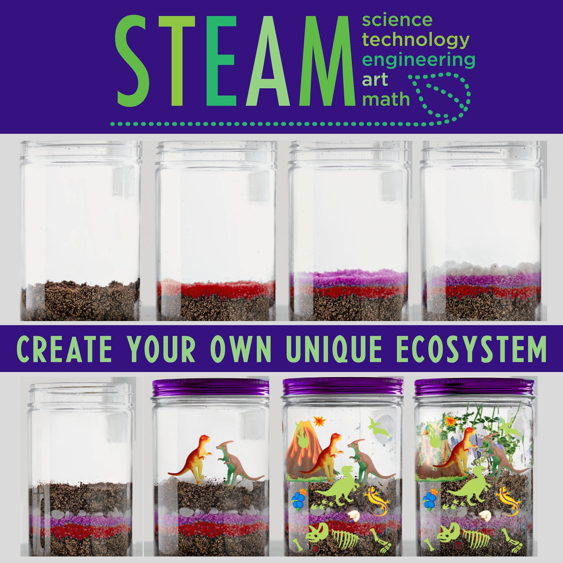 Science experiment kits with labeled 'STEAM' components and dinosaur-themed jars.
