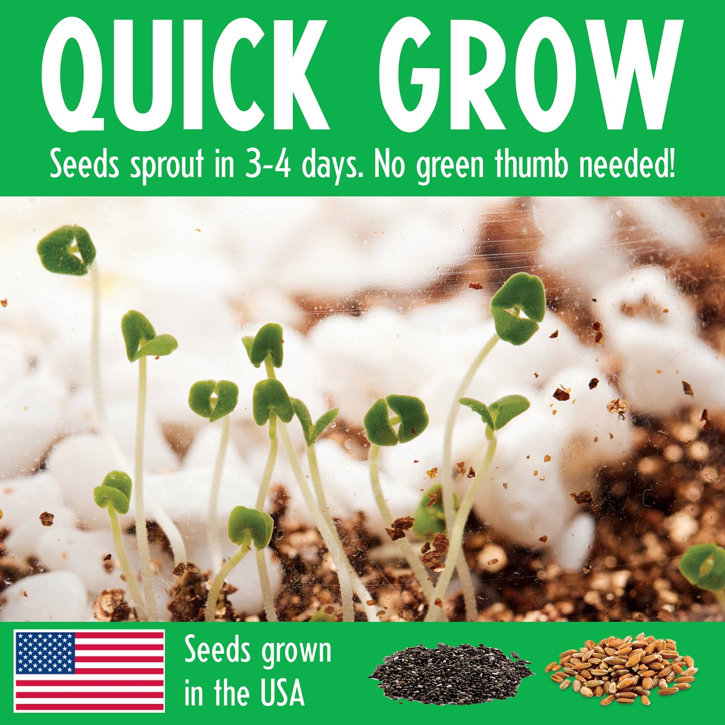 Seedlings sprouting from soil with text 'Quick Grow' and 'Seeds grown in the USA'.