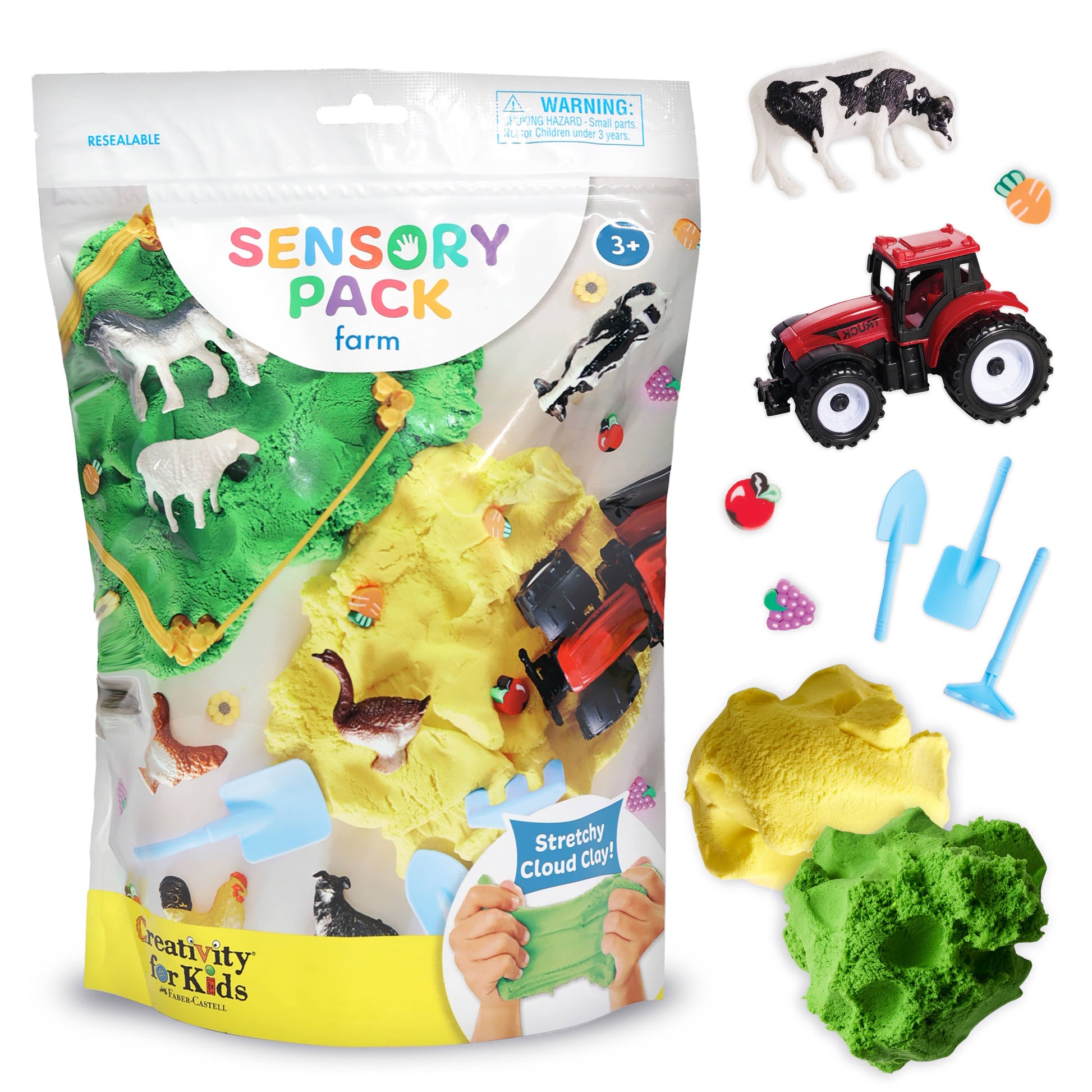 Sensory pack with farm-themed toys and activities, including a tractor, animals, and tools.