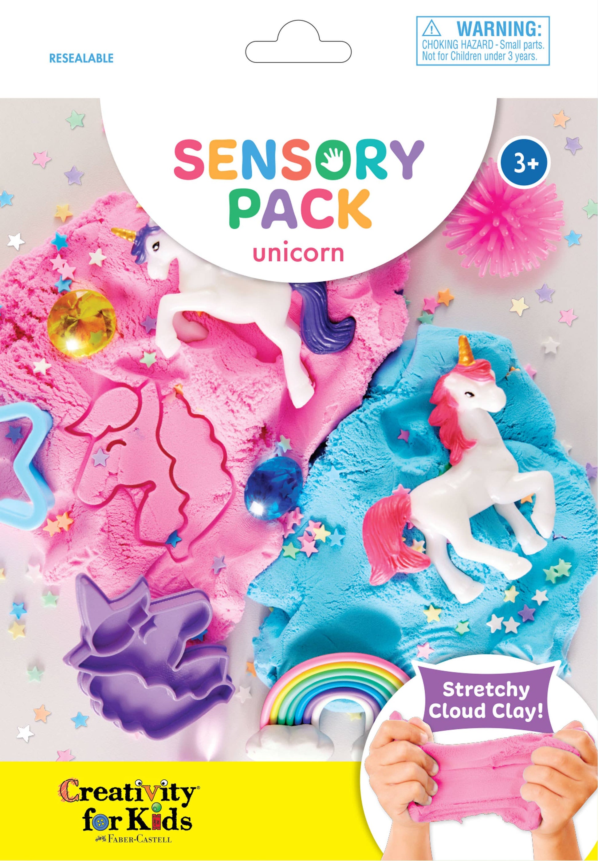 Sensory pack with unicorns and rainbow, labeled 'Creativity for Kids'.