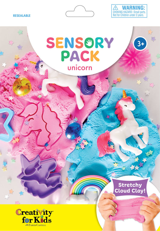 Sensory pack with unicorns and rainbow, labeled 'Creativity for Kids'.