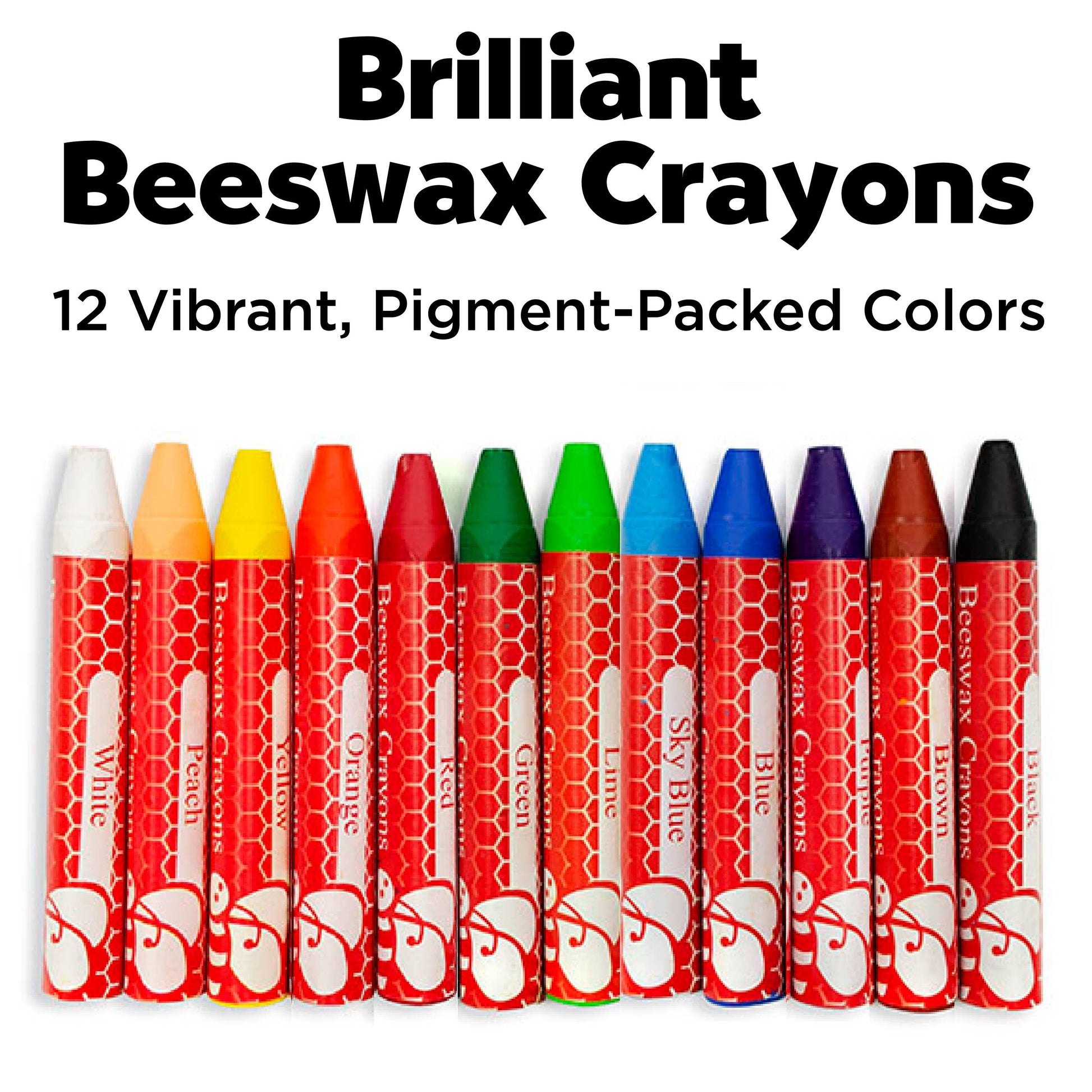 Set of 12 colorful beeswax crayons with red packaging on a white background.