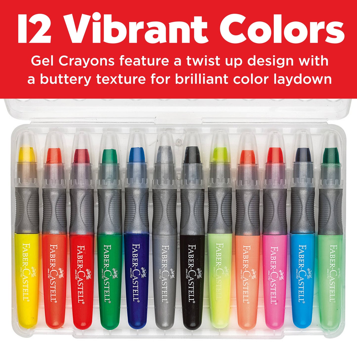 Set of 12 vibrant gel crayons in a clear case with red background and text.