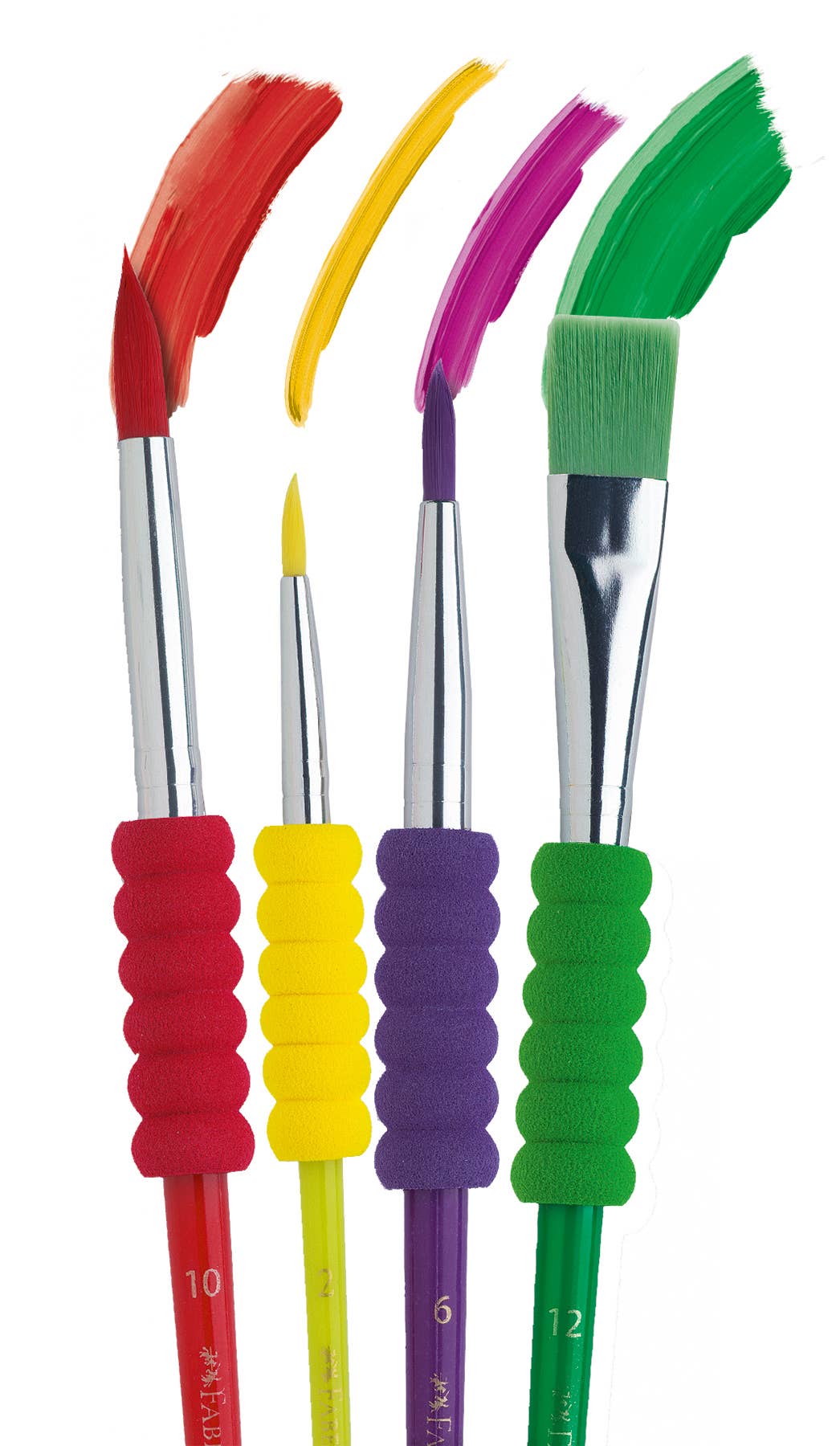 Set of four colorful paintbrushes with red, yellow, purple, and green handles on a white background.