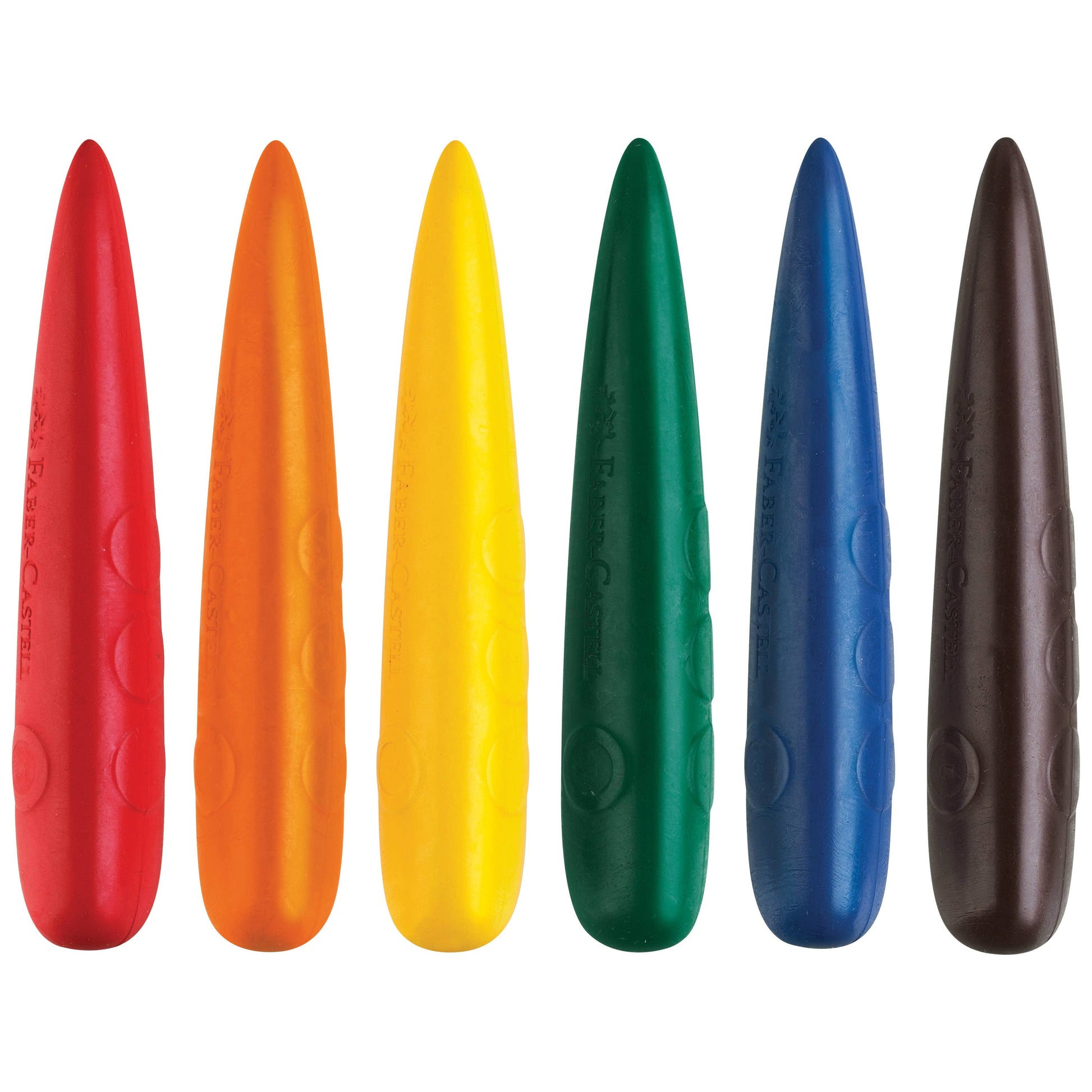 Set of six colorful crayons on a white background