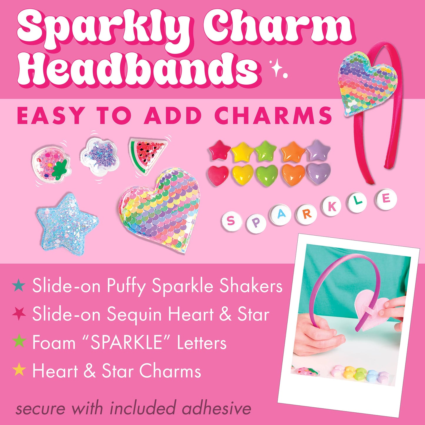 Sparkly charm headbands with accessories on a pink background