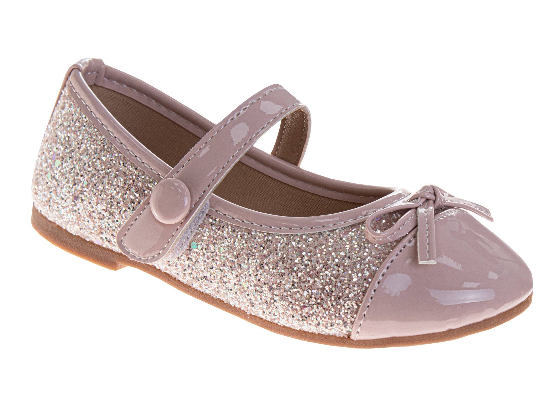 Sparkly pink shoe with a bow on a white background
