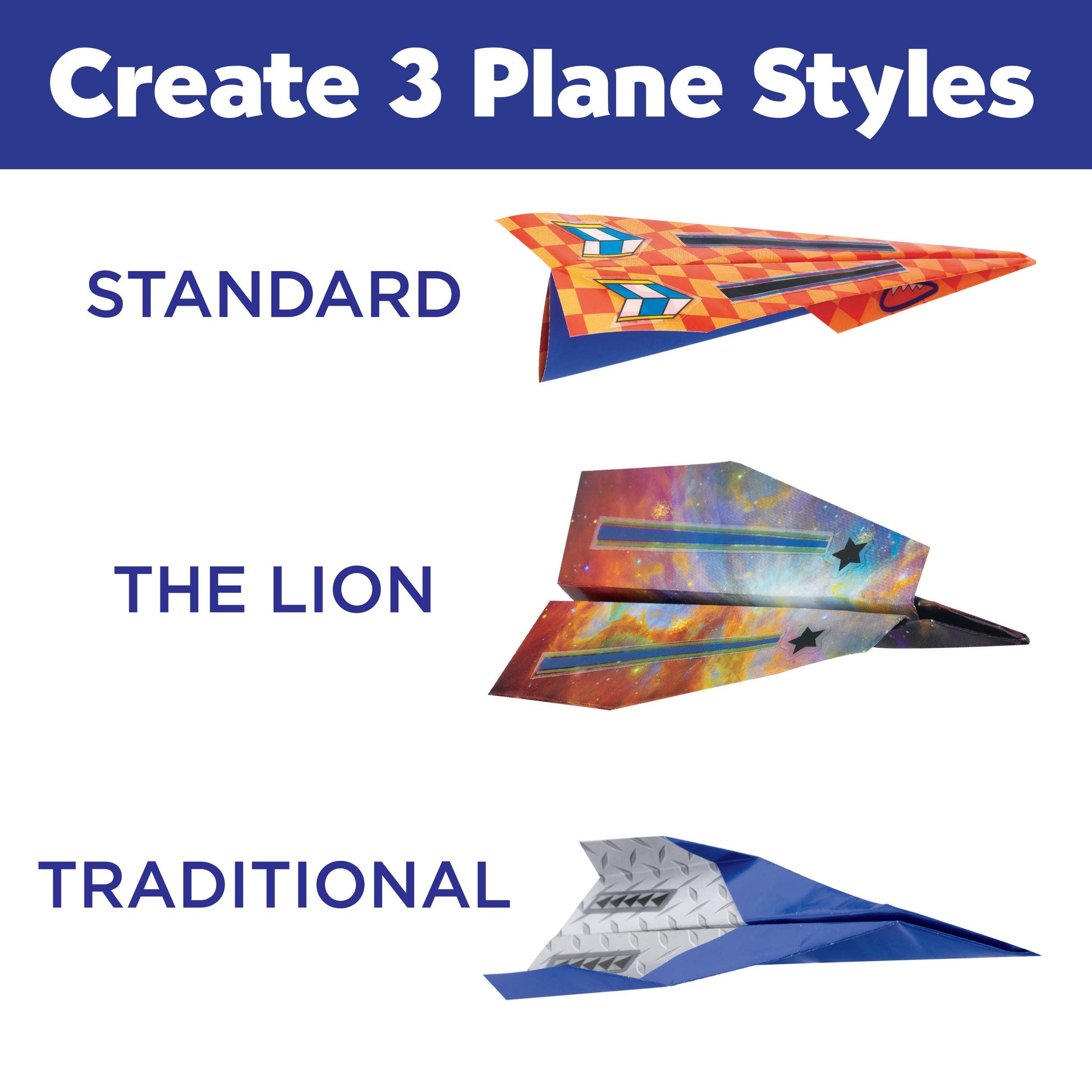 Three different styles of paper airplanes labeled 'Standard', 'The Lion', and 'Traditional' on a white background.