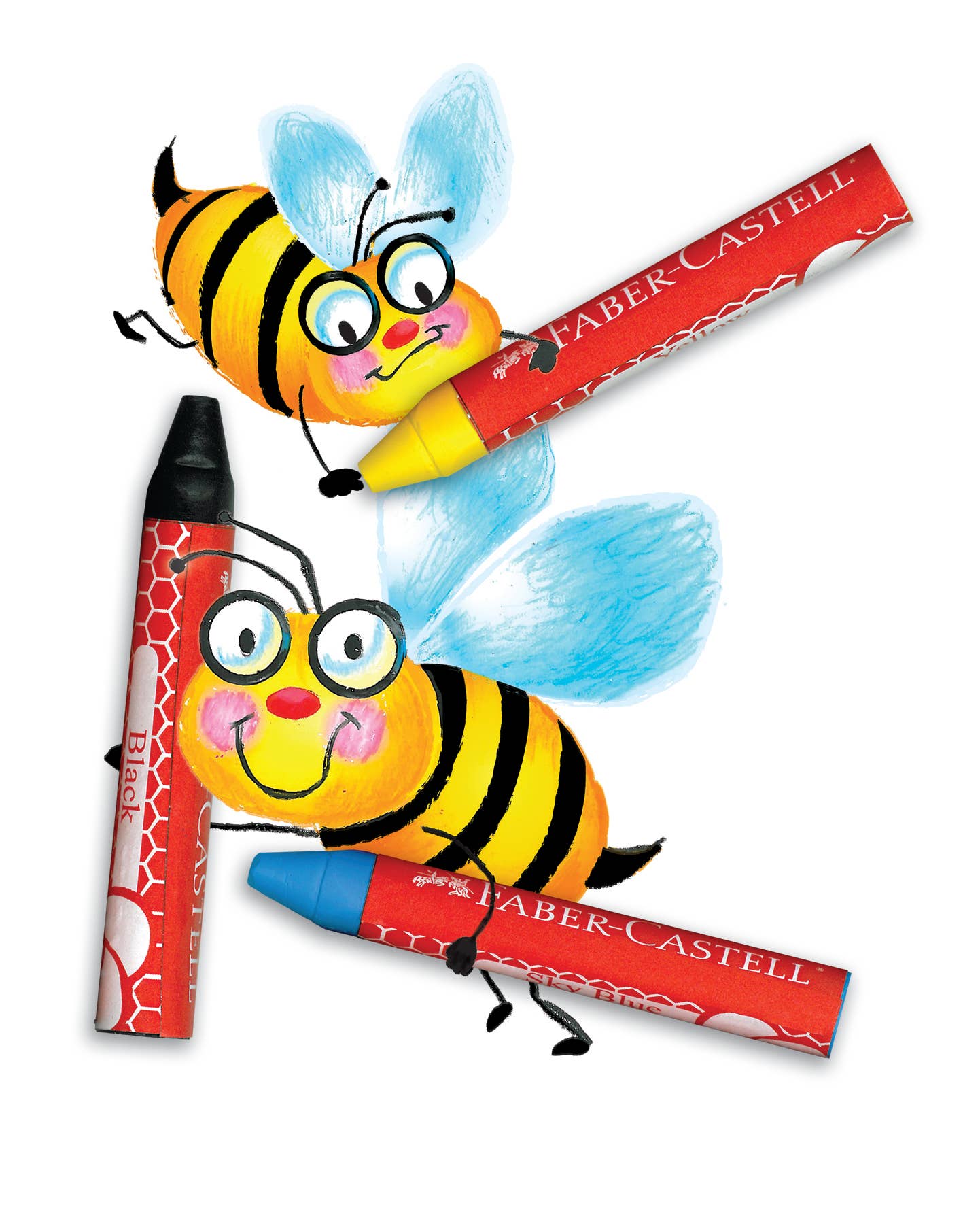 Two cartoon bees holding Faber-Castell products on a white background