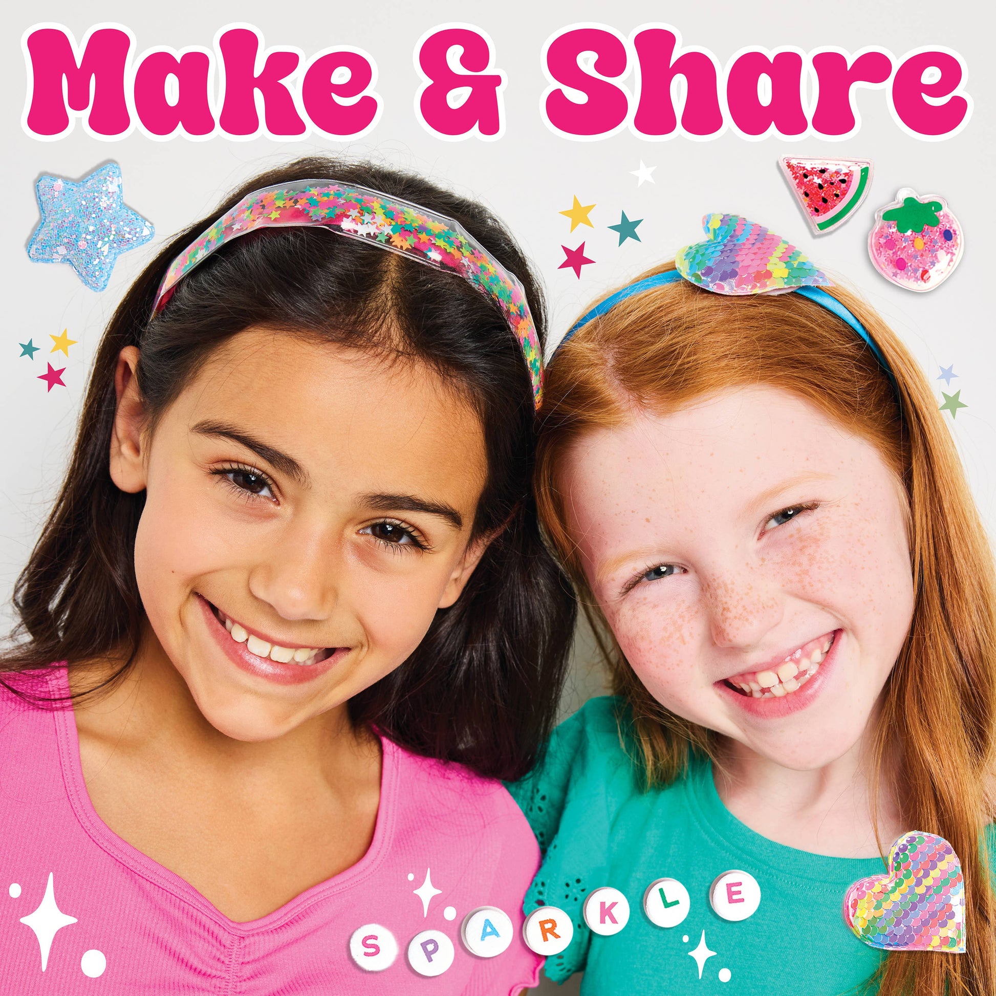 Two children wearing colorful headbands with 'Make & Share' text and decorative elements.