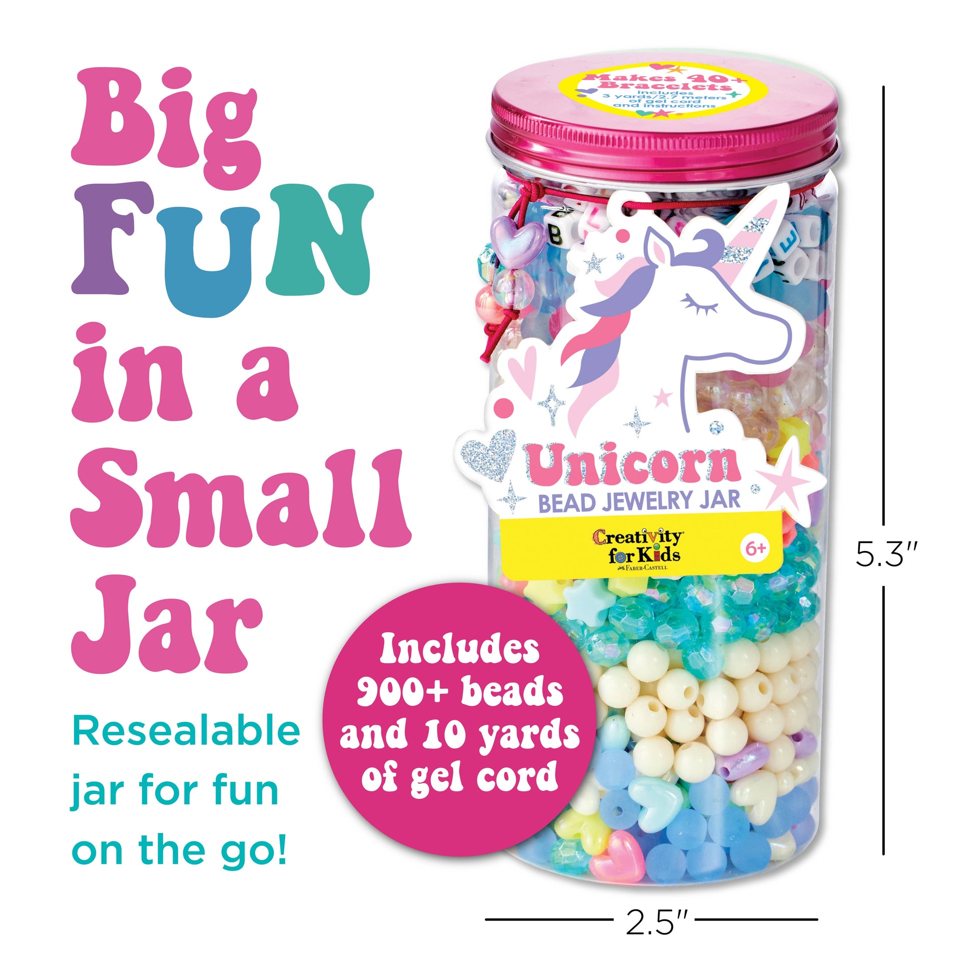 Unicorn bead jewelry jar with colorful beads and gel cord, labeled 'Big Fun in a Small Jar' by Creativity for Kids.