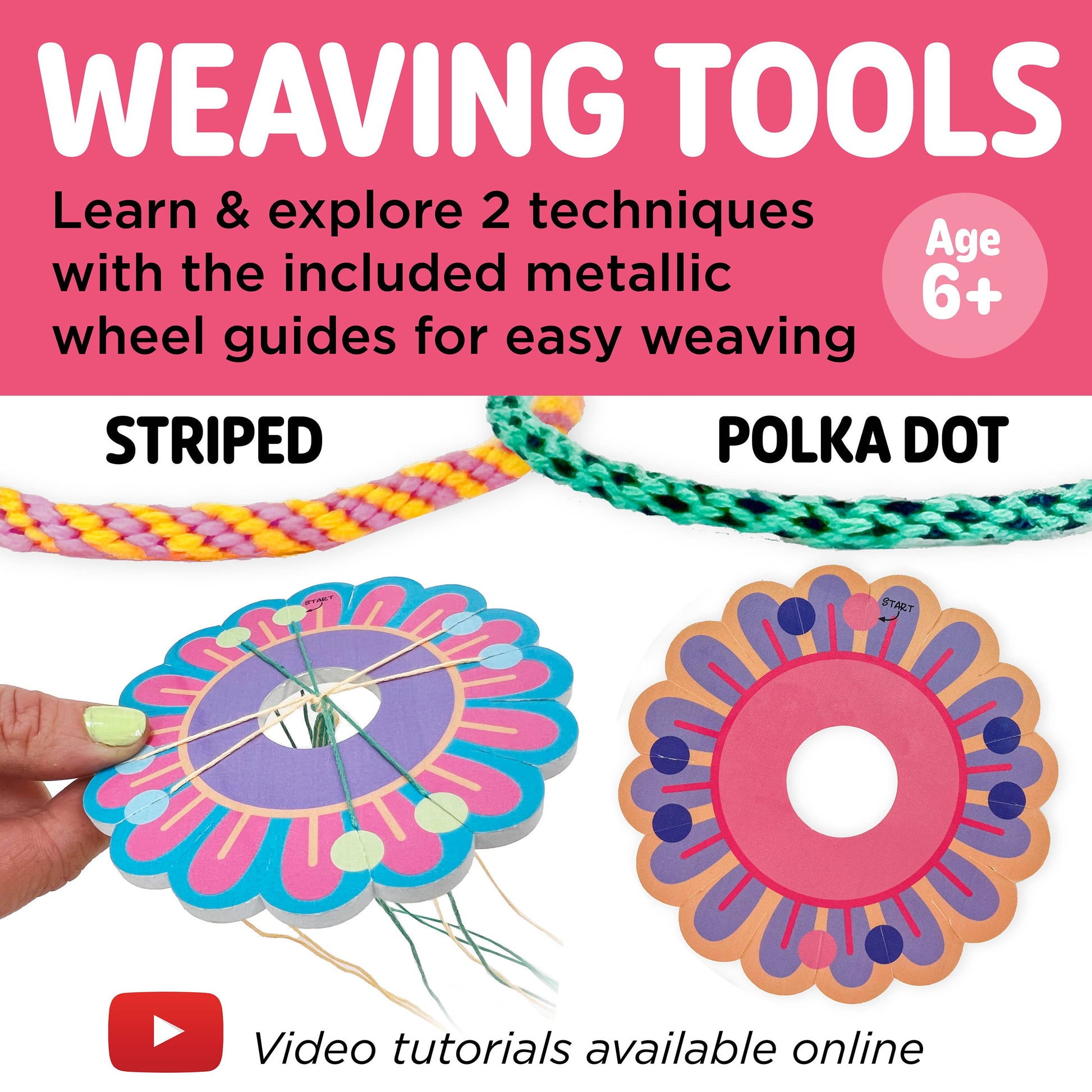 Weaving tools with metallic wheel guides for kids, including striped and polka dot designs, on a pink background.