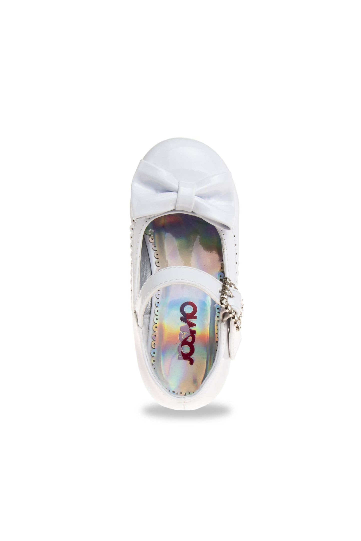 White shoe with rainbow insole on a white background