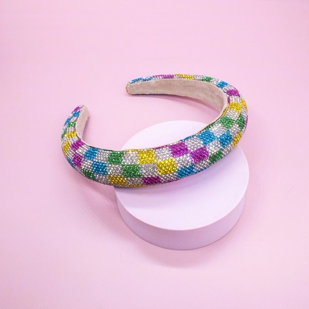 Frog Sac - Rhinestone Headband - Padded Rainbow Checkerboard Hair Band