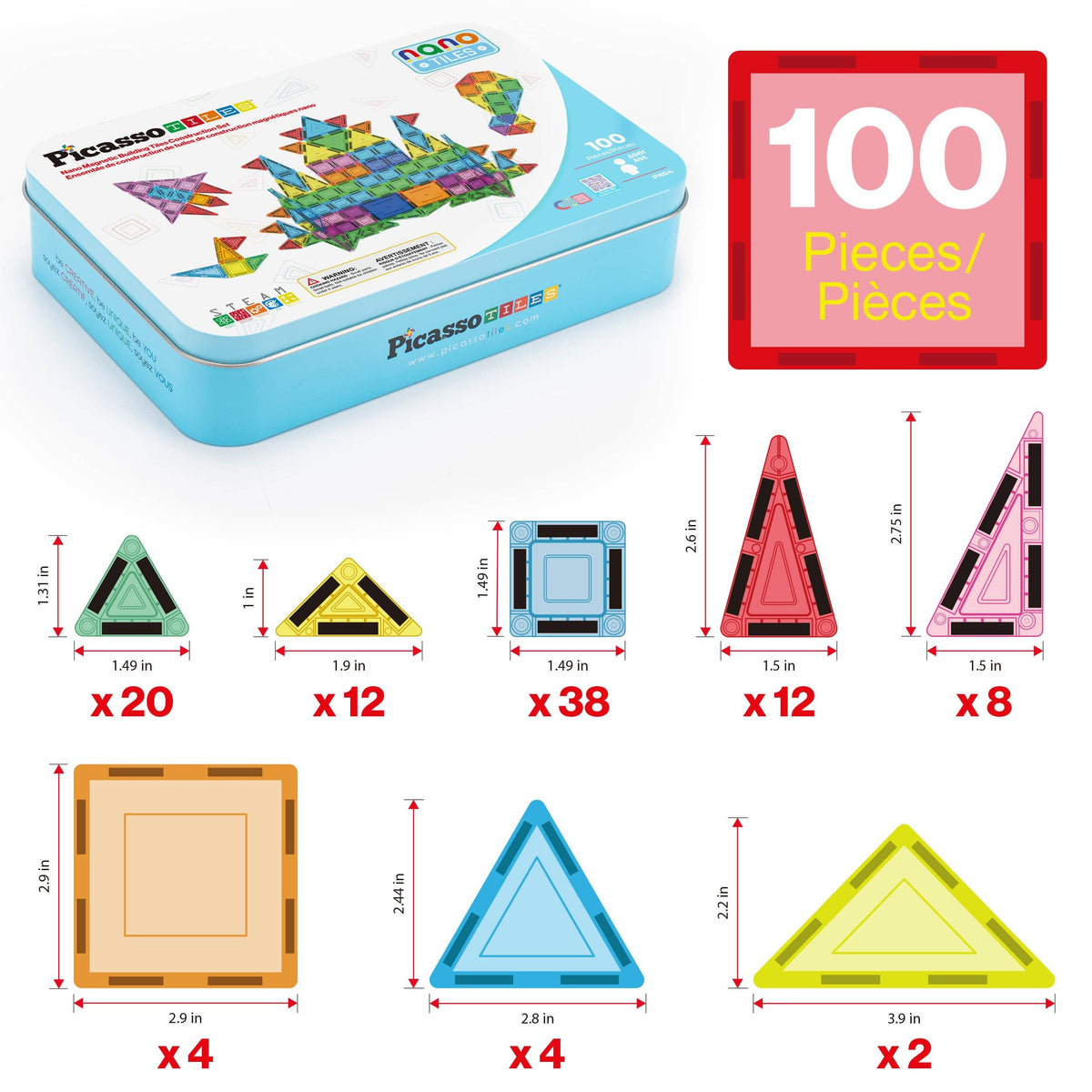 PicassoTiles 100pc Nano Magnetic Building Tiles Construction Travel Set