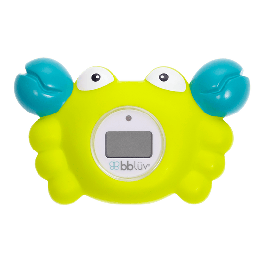 Yellow crab-shaped thermometer with blue claws on a black background