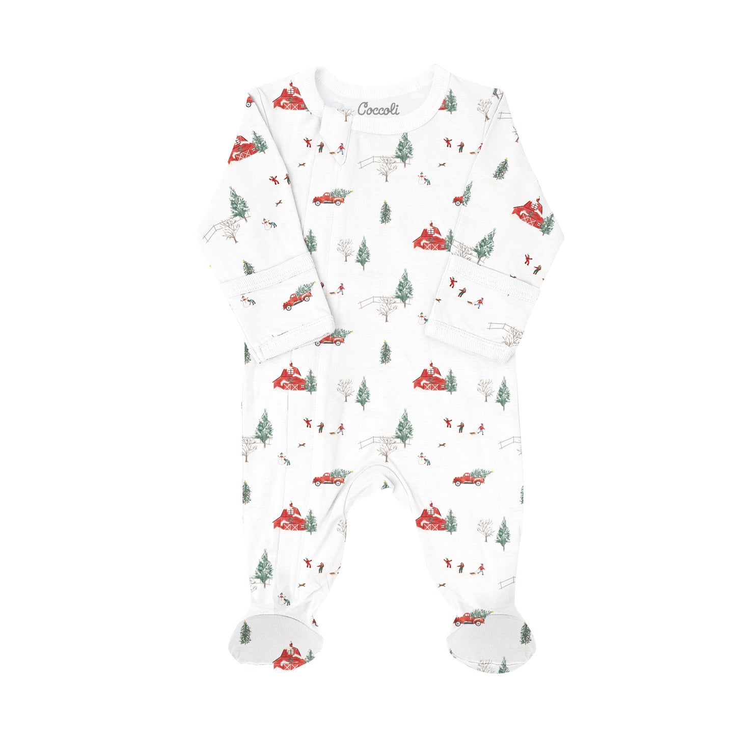 Coccoli Cotton Modal Zipper Footie - Winter Scene On Cream - 1M