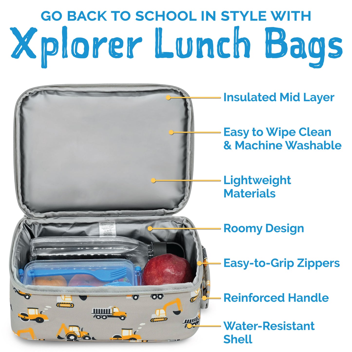 Jan & Jul - Kids Lunch Bag -  Grey Construction